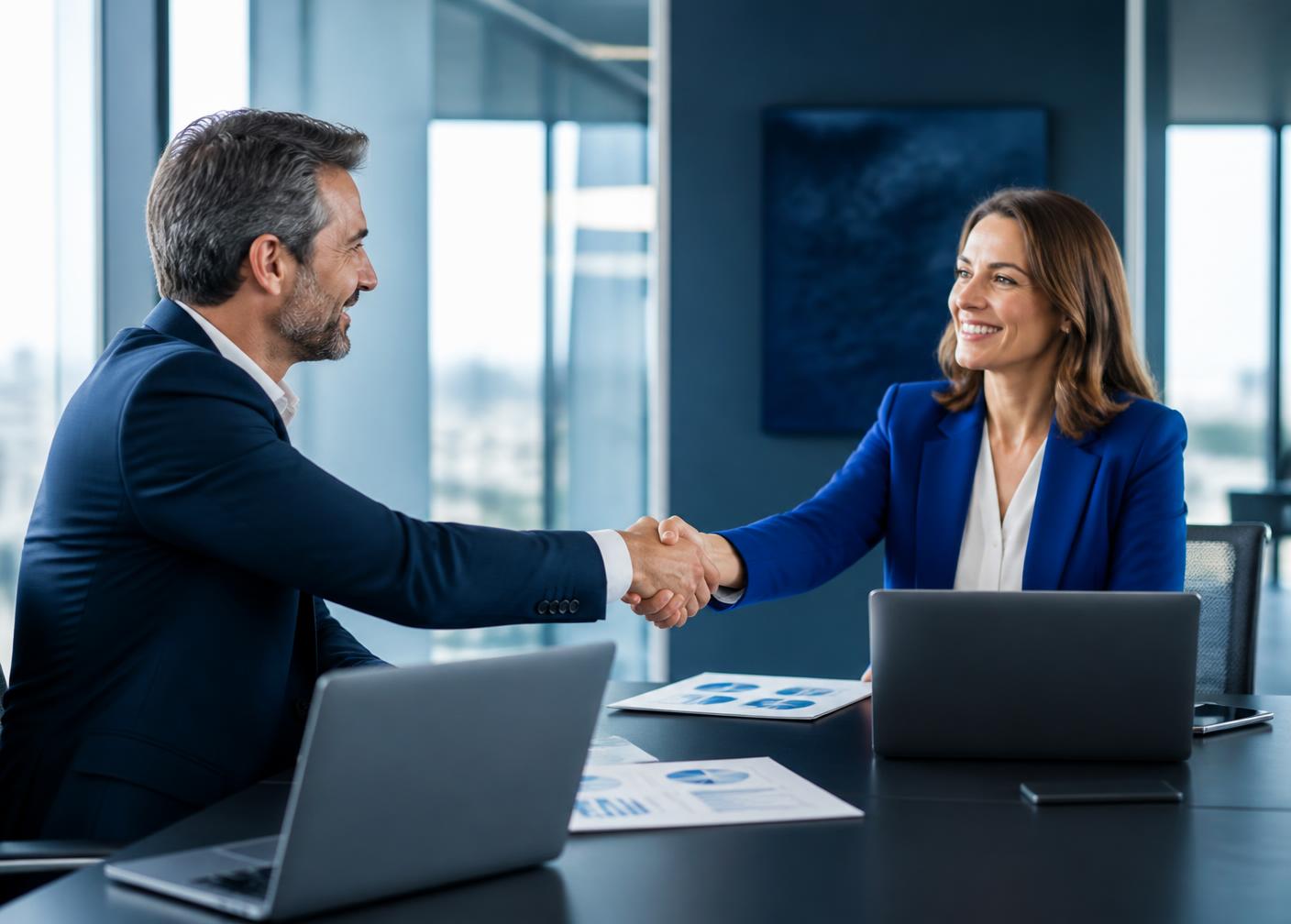 Atlas leadership shaking hands with a partner after a revenue review
